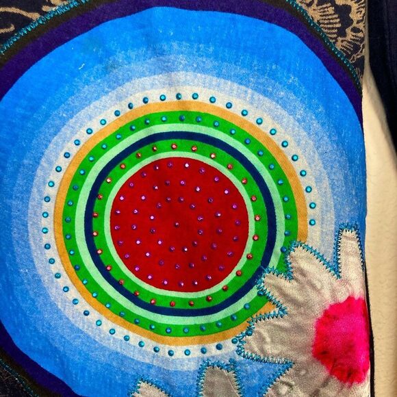 Desigual Navy and Mixed Patterned Long Sleeve Top includes velvet bling daisy - Picture 5 of 13